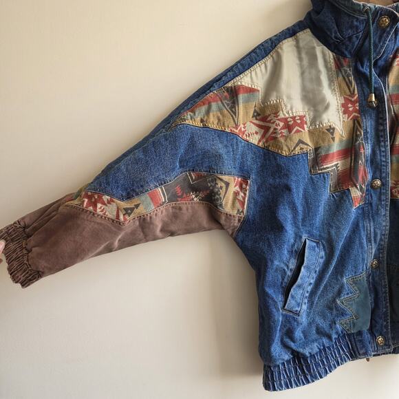 VTG 90s Izzi Western Denim Jacket Southwest Aztec Geometric Patchwork Oversize L - Picture 3 of 12